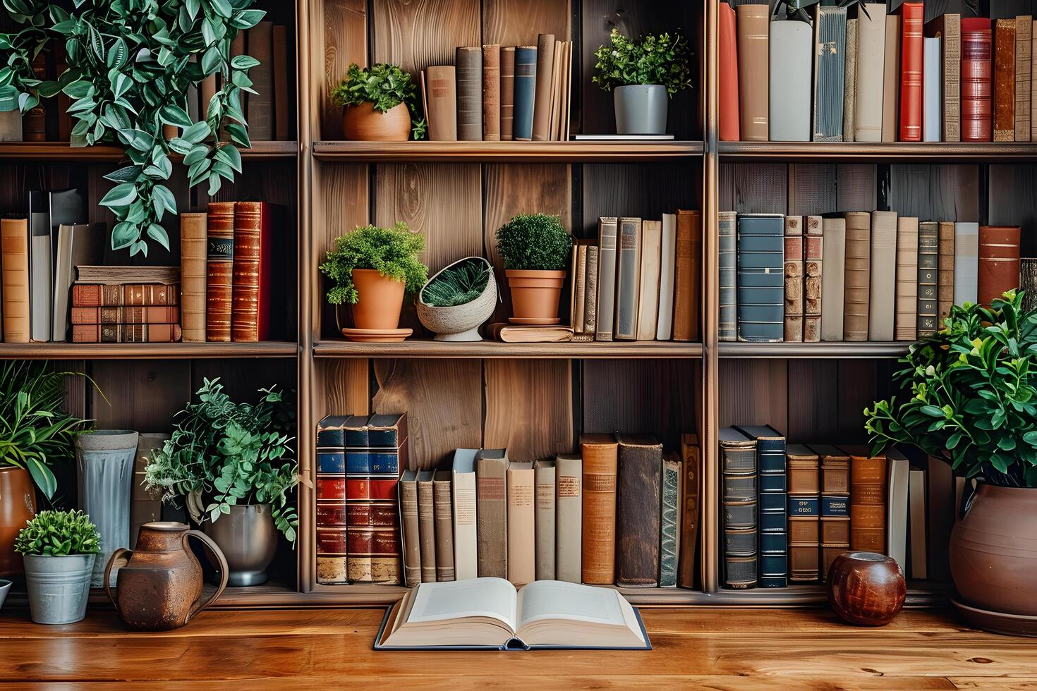 AI generated Empty Wood Table with Blurred Bookshelves, Library Haven Scene photo