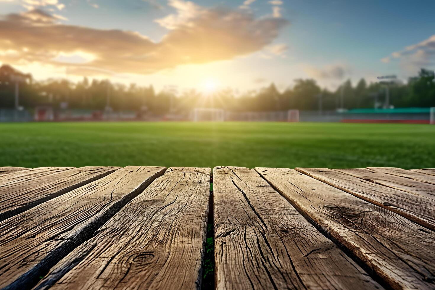 AI generated Wooden Table Setting with Soccer Pitch Blurry Background photo