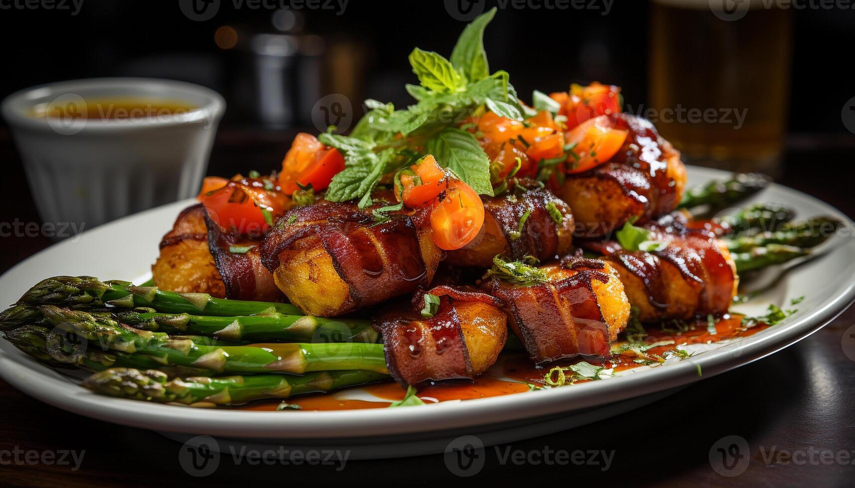 ai generado A la parrilla carne y vegetales en un de madera plato generado por ai foto