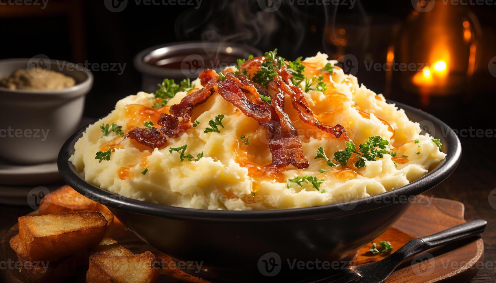 AI generated Freshly cooked gourmet meal on rustic wooden table generated by AI photo