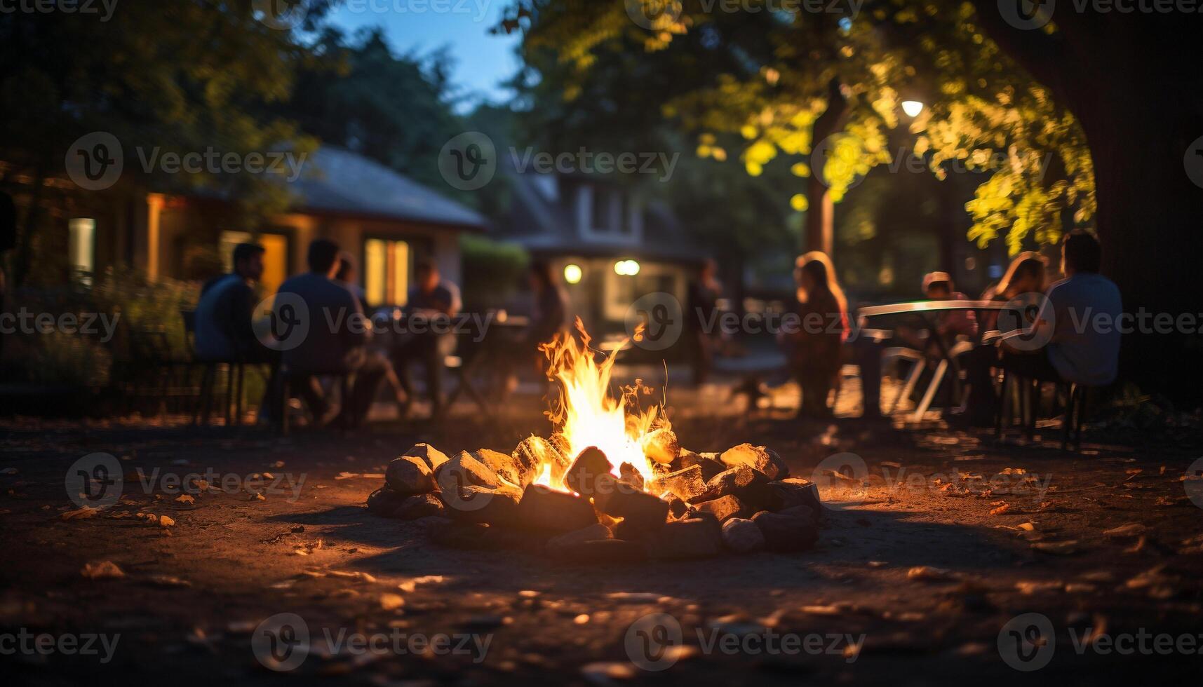 AI generated Men and women enjoying a campfire picnic generated by AI photo