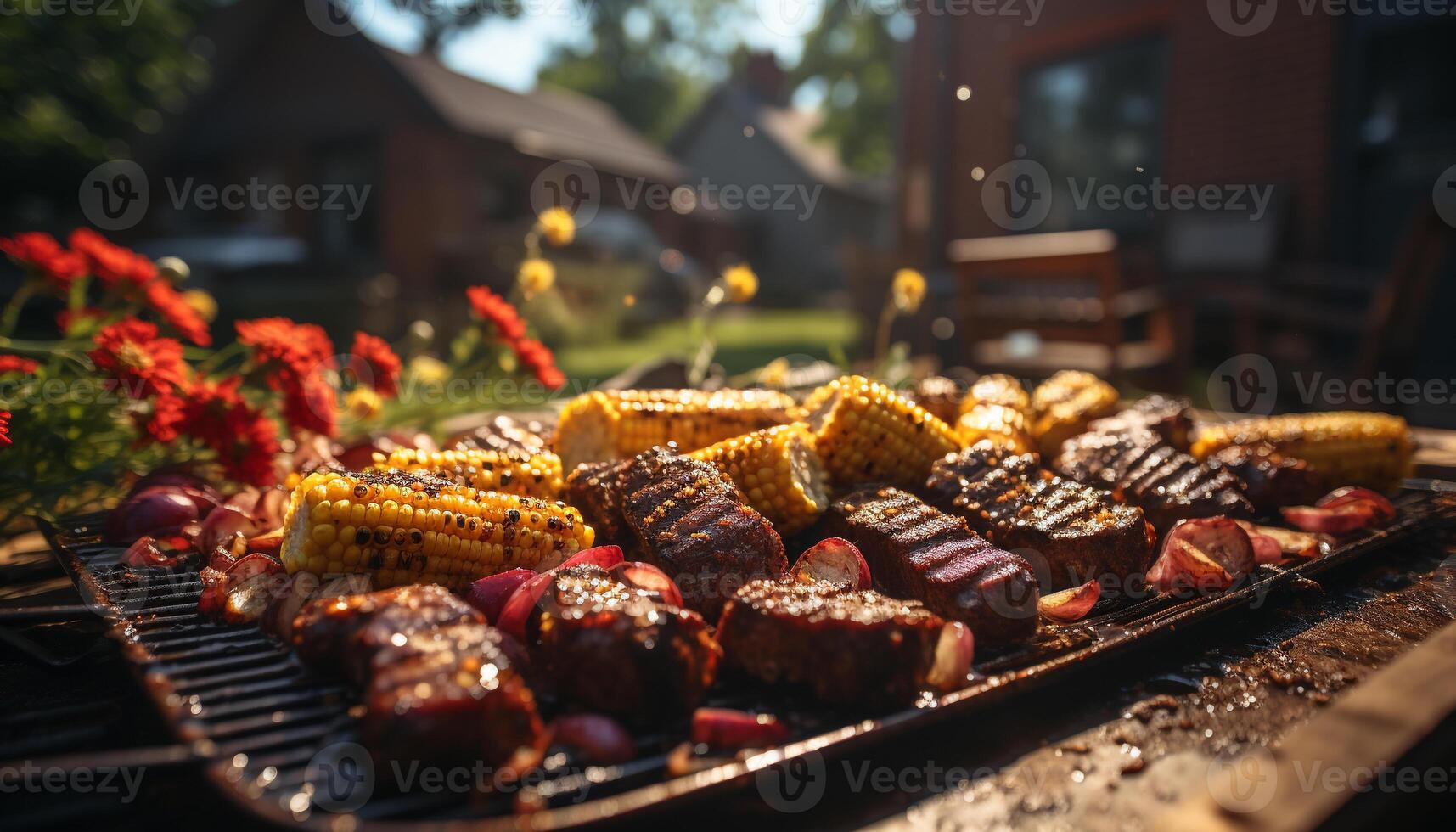 ai generado A la parrilla carne, Fresco verduras, hecho en casa postre, picnic deleite generado por ai foto