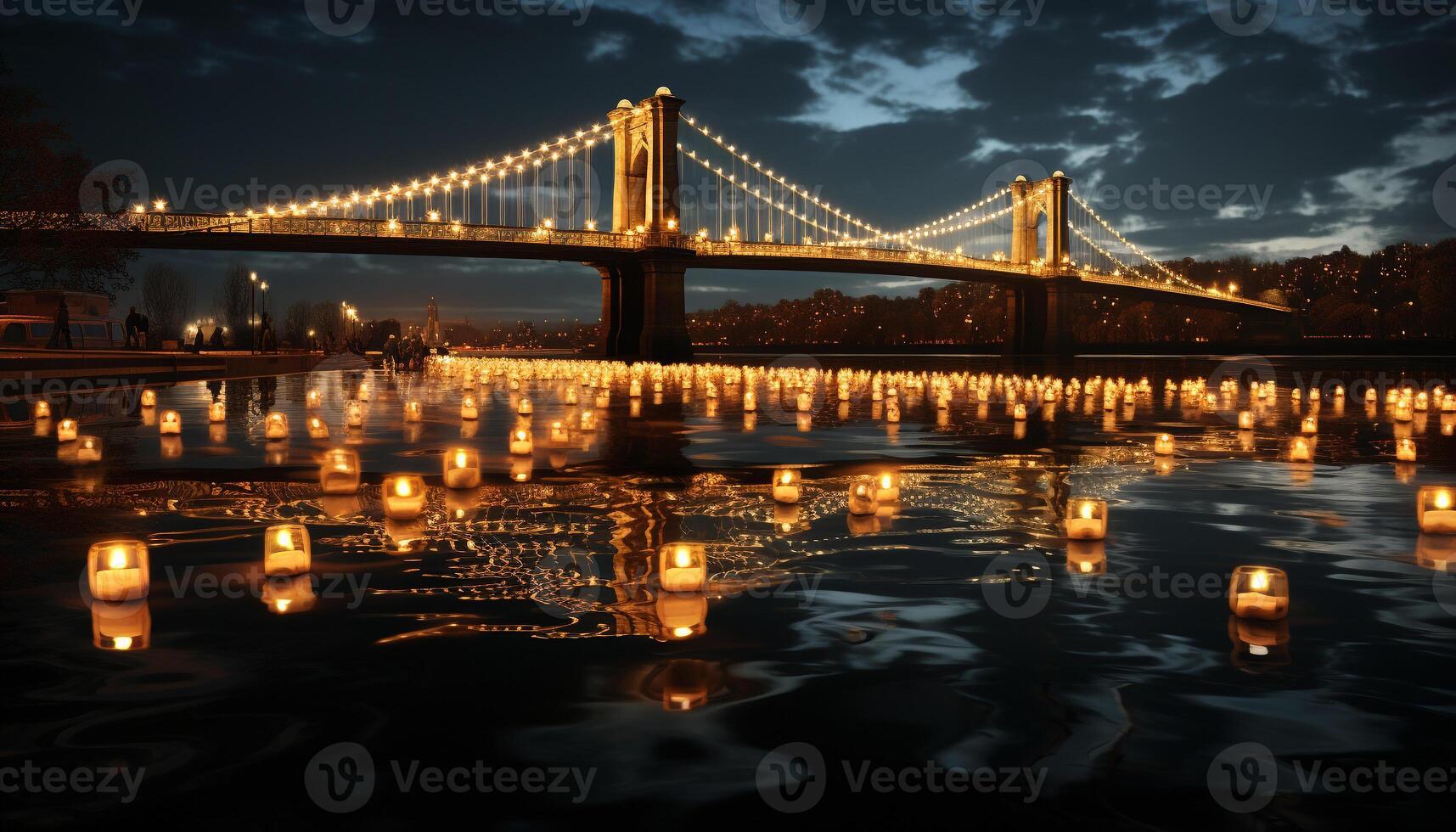 AI generated Glowing cityscape reflects on tranquil water at dusk generated by AI photo