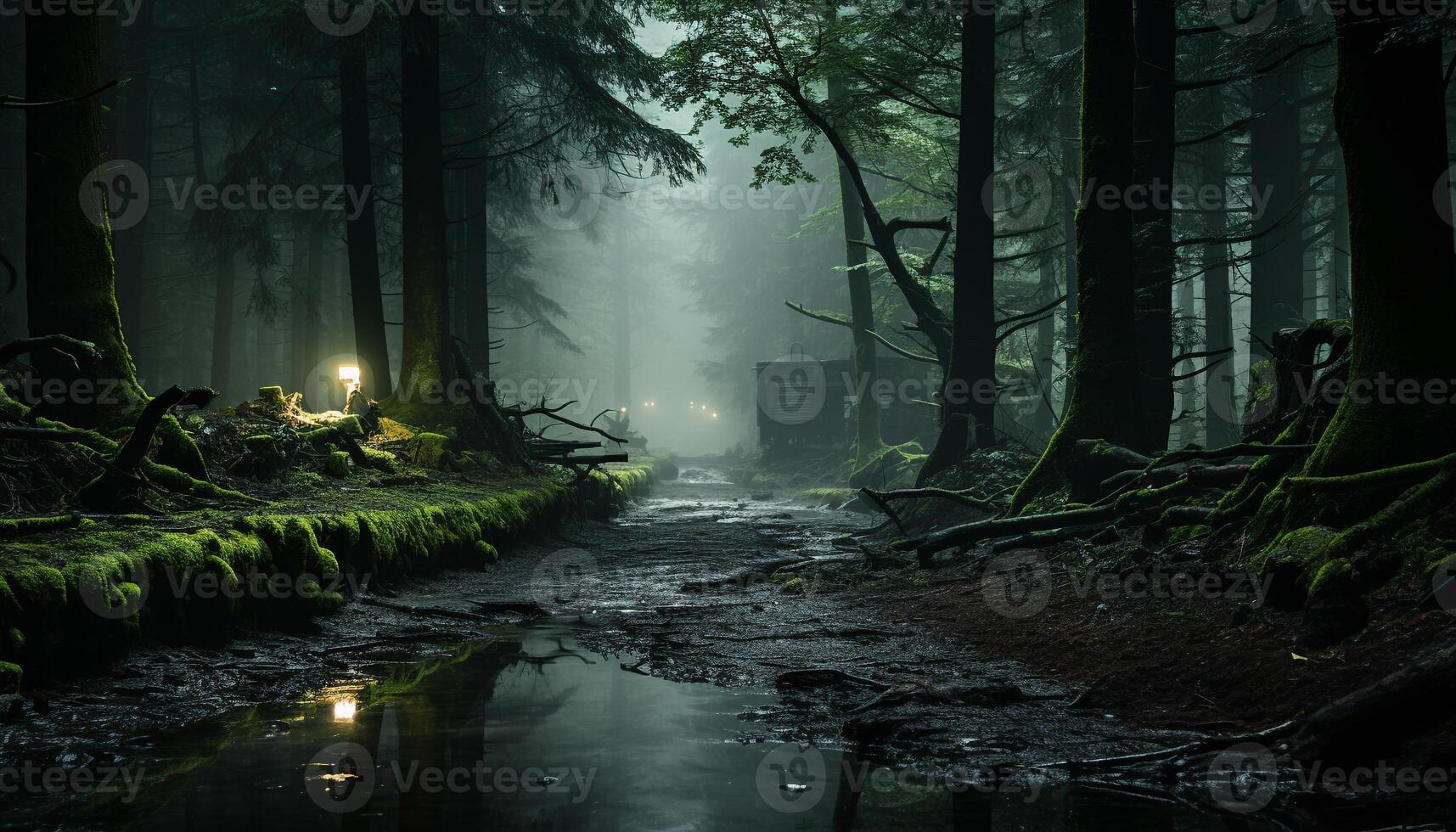 AI generated Mysterious fog blankets spooky forest, evoking autumn horror generated by AI photo