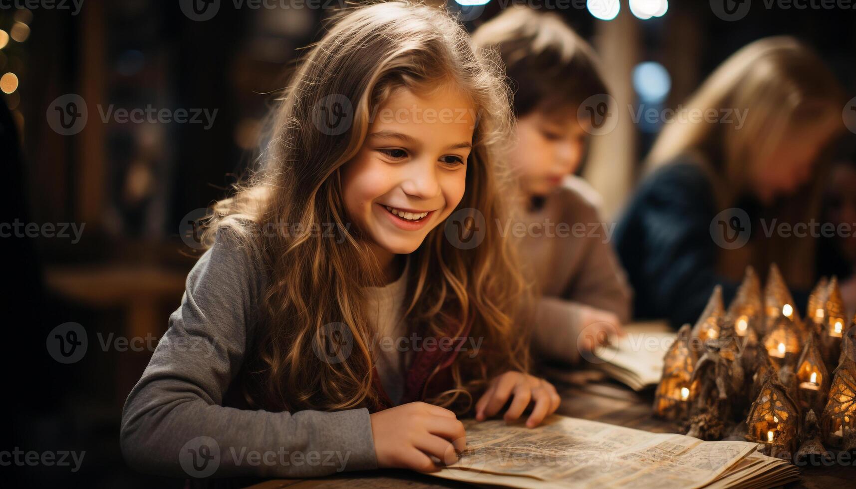 AI generated Smiling girls bonding, reading book, enjoying cheerful childhood generated by AI photo