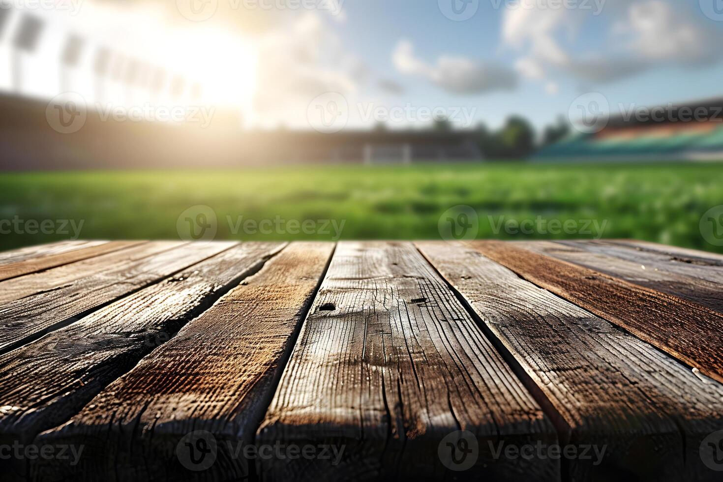 AI generated Blurry Football Field and Empty Wood Table Foreground photo