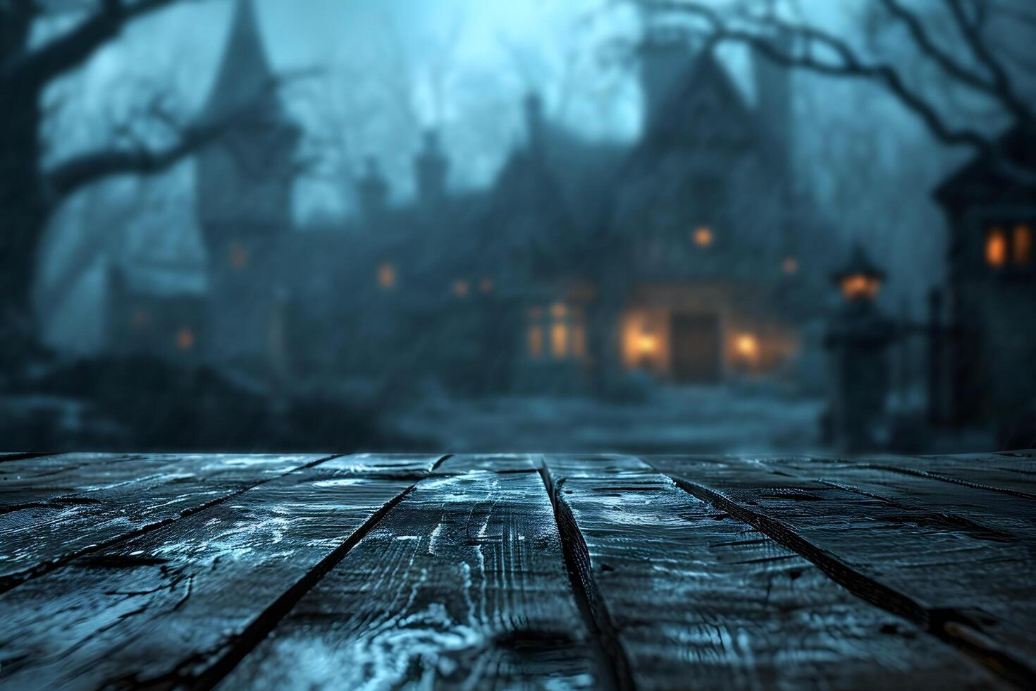 AI generated Gothic Wooden Tabletop with Dark Haunted Manor Blur Background photo