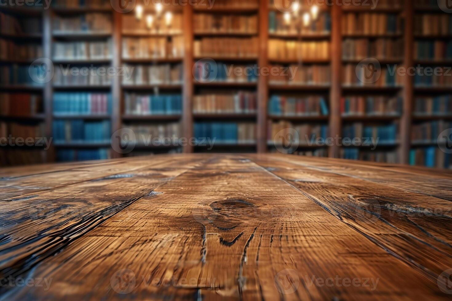 AI generated Wooden Table with Blurred Library Background photo