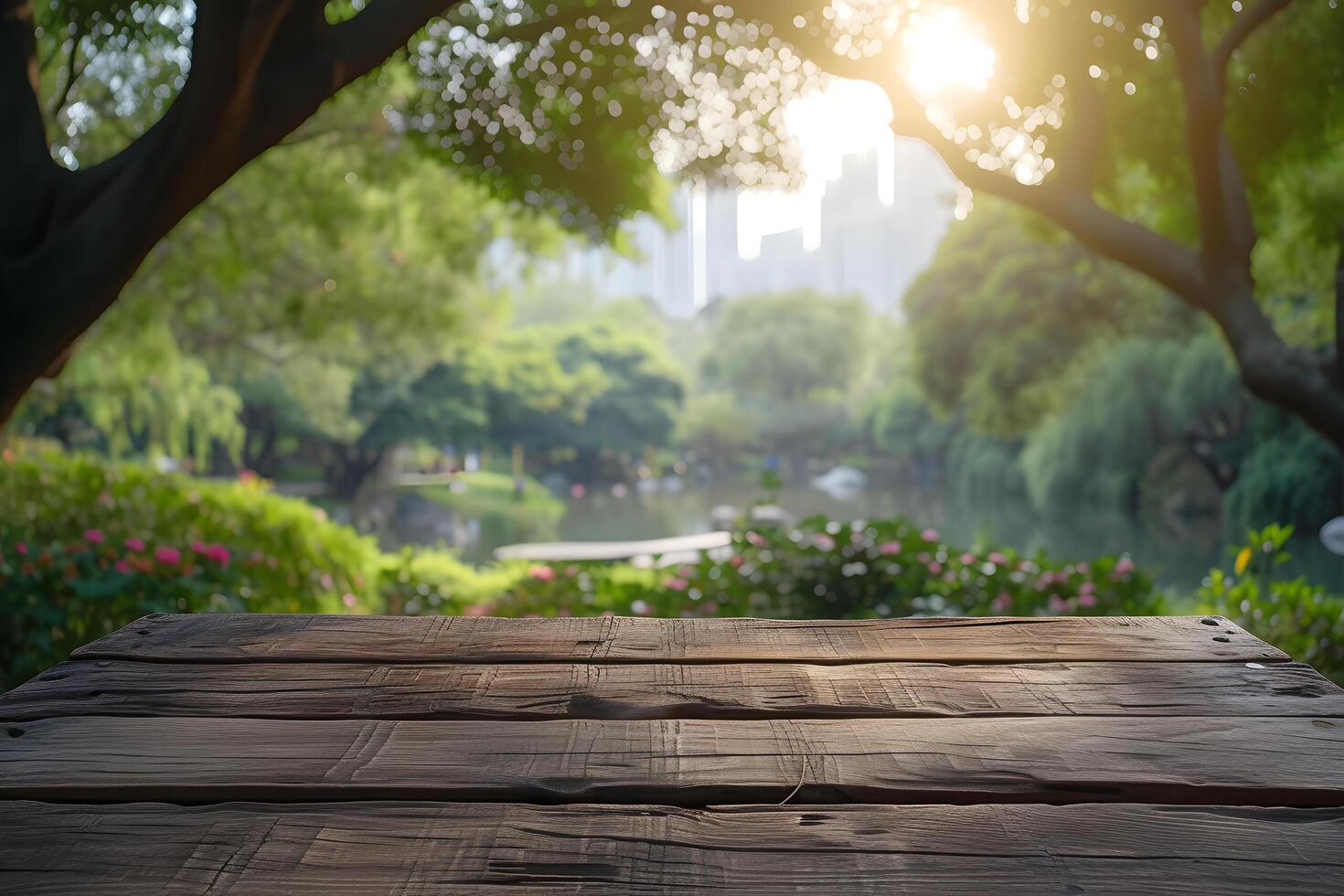 AI generated Wood Table against Blurry Zoo Animal Park photo