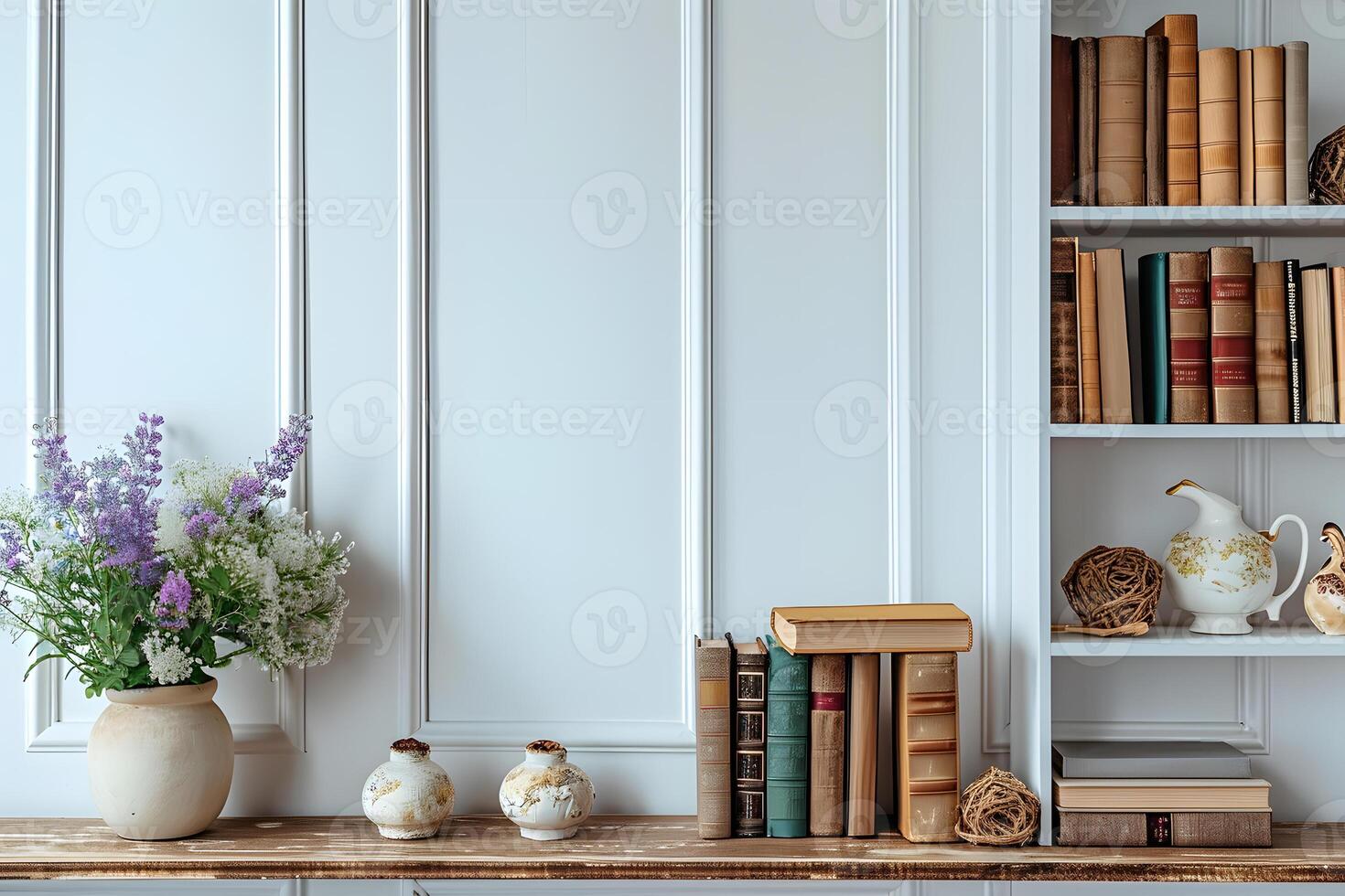 AI generated Empty Wooden Table in Front of Cozy Library photo