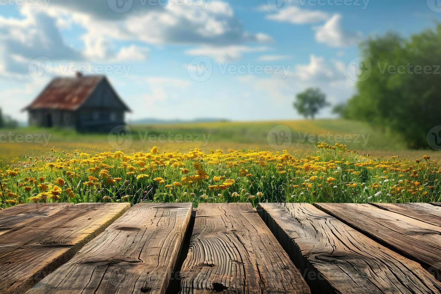 AI generated Rustic Empty Wooden Tabletop with Blurry Farm Scene photo