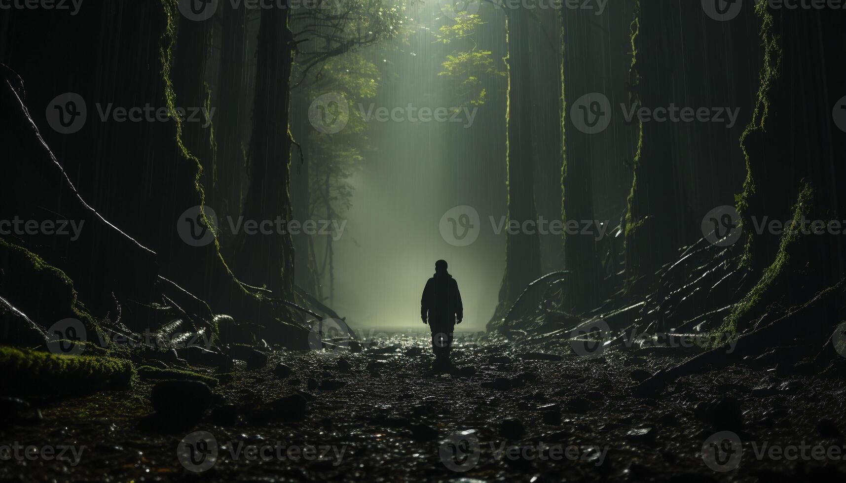 AI generated Spooky silhouette walking in dark forest, mysterious adventure generated by AI photo