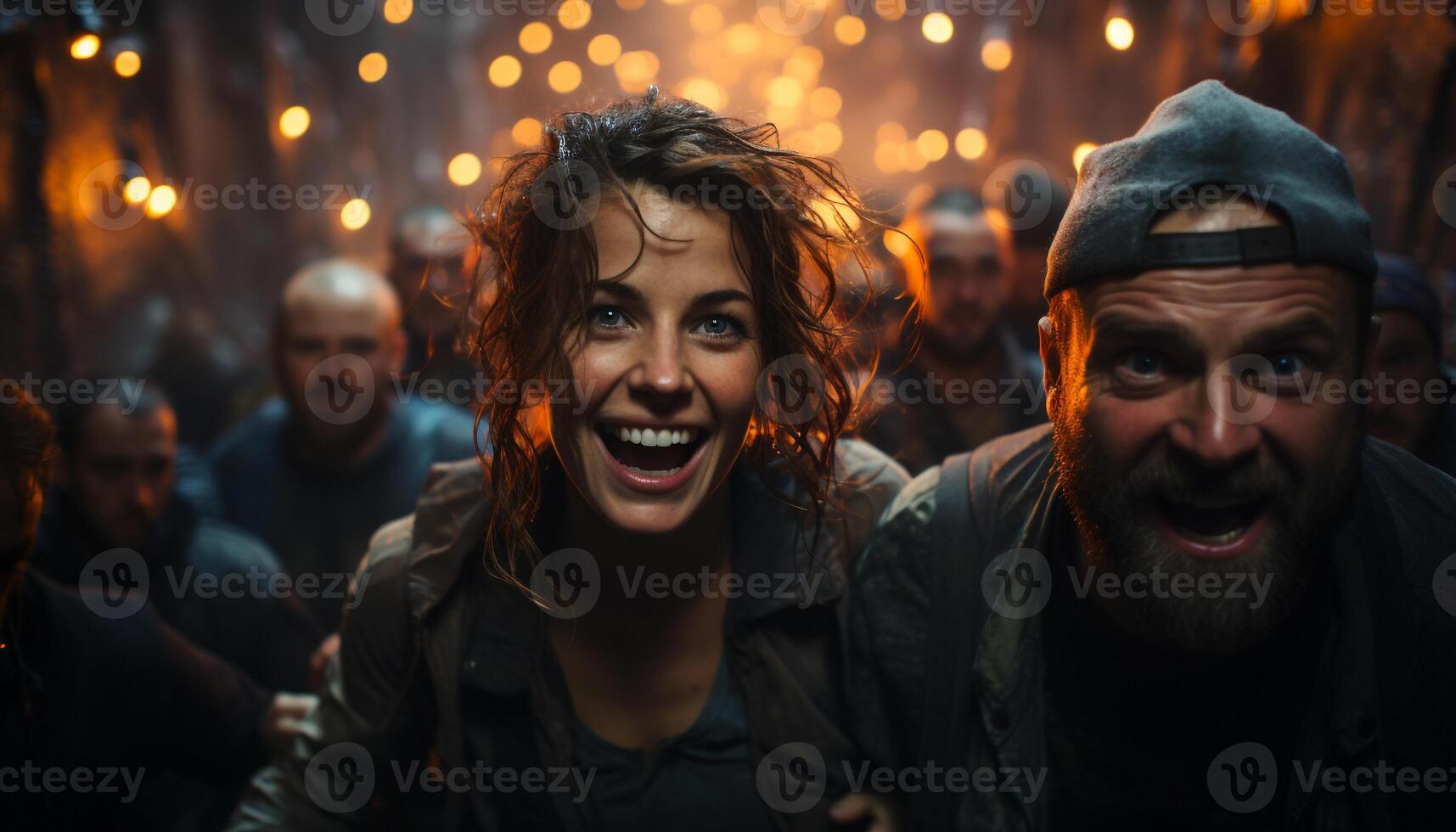 AI generated Smiling men and women enjoy cheerful nightlife generated by AI photo