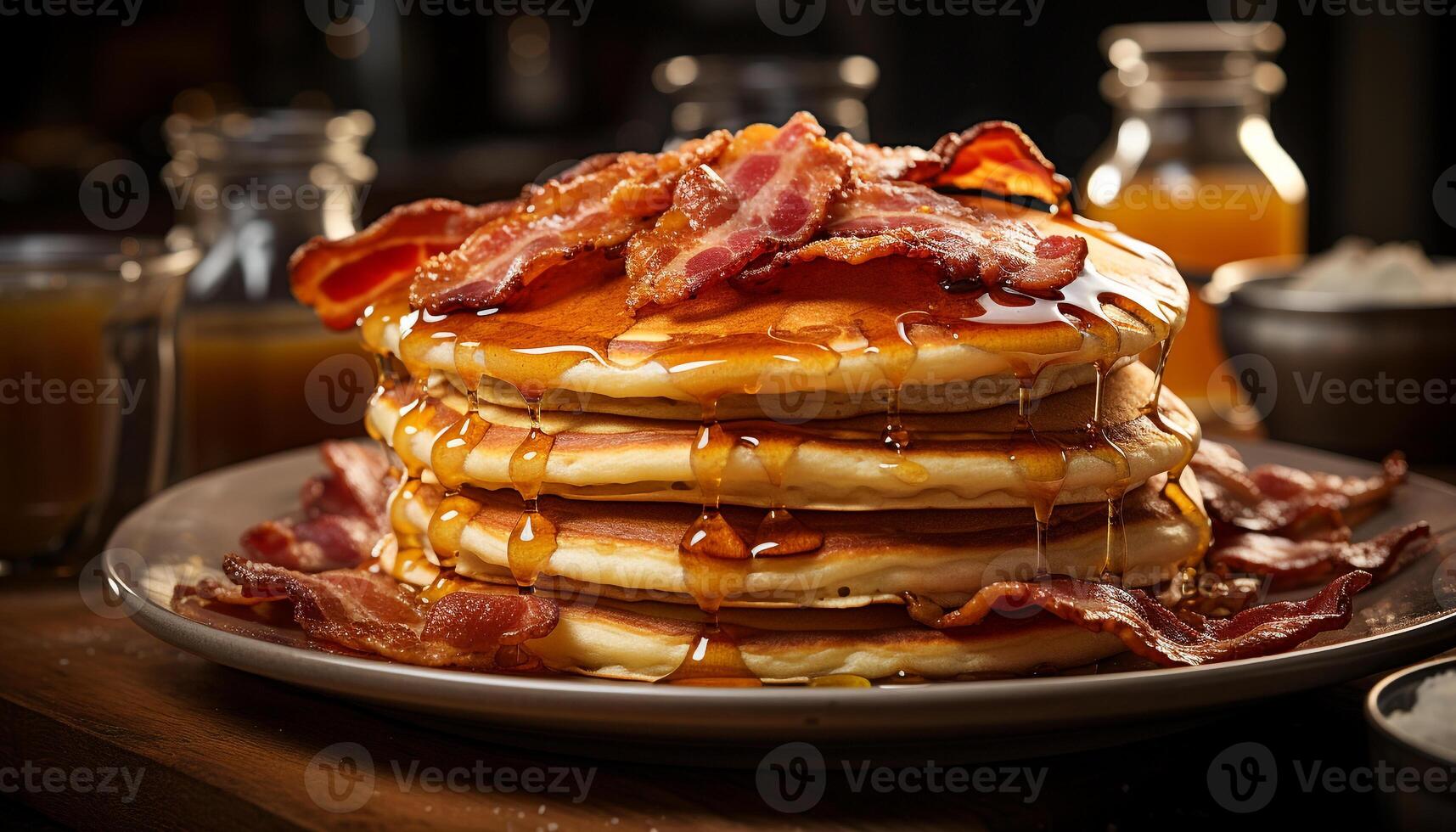 AI generated Stack of homemade pancakes on rustic wooden table generated by AI photo