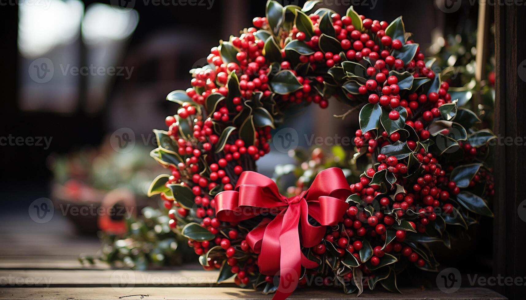 AI generated Rustic wreath with holly, berries, and Christmas ornament generated by AI photo