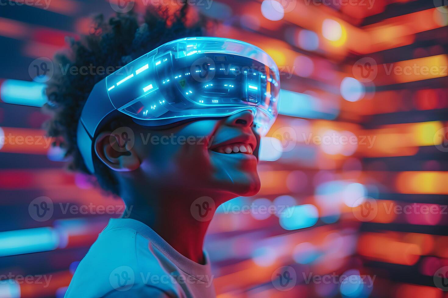 AI generated Boy with Futuristic Vision in VR Glasses, Empowering Youth with VR photo