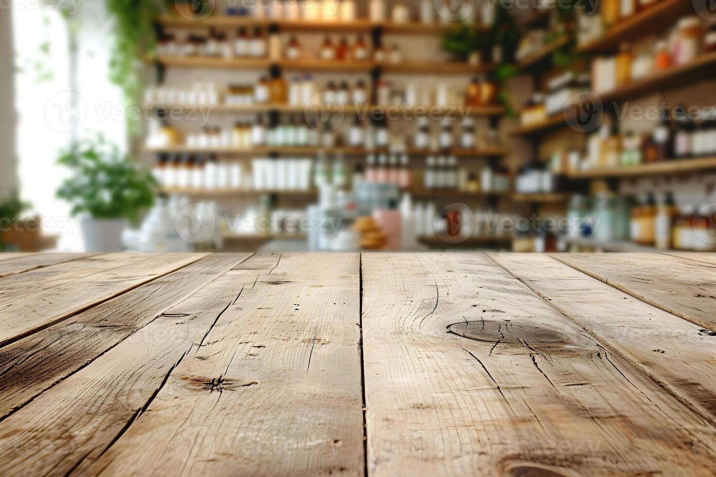 AI generated Rustic Tabletop with Pharmacy Environment background photo