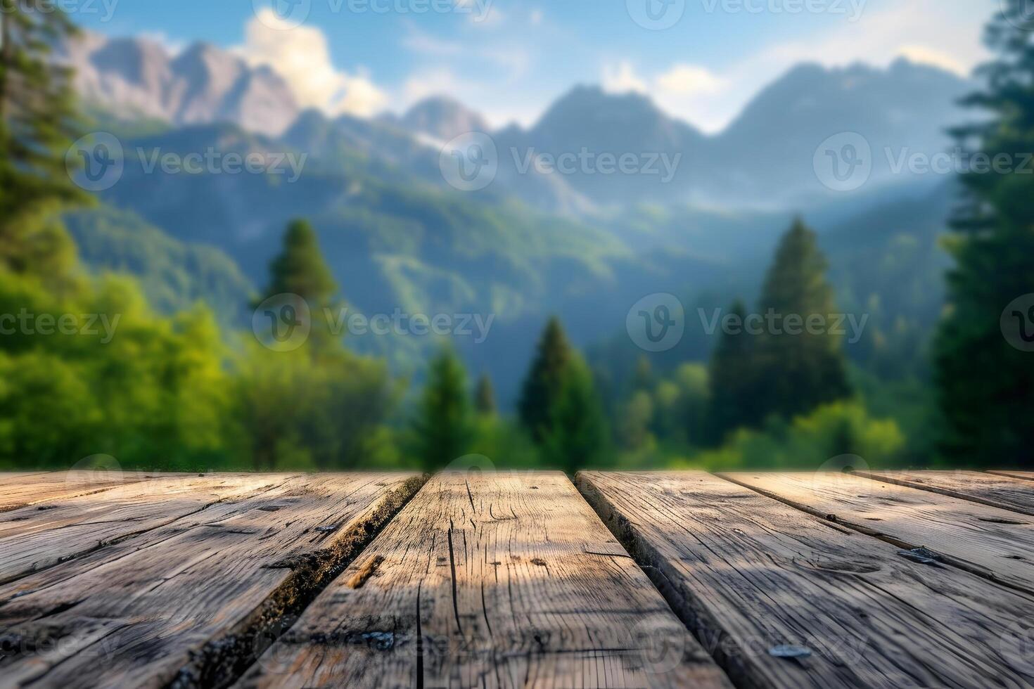 AI generated Wood Table against Blurry Mountain Backdrop photo