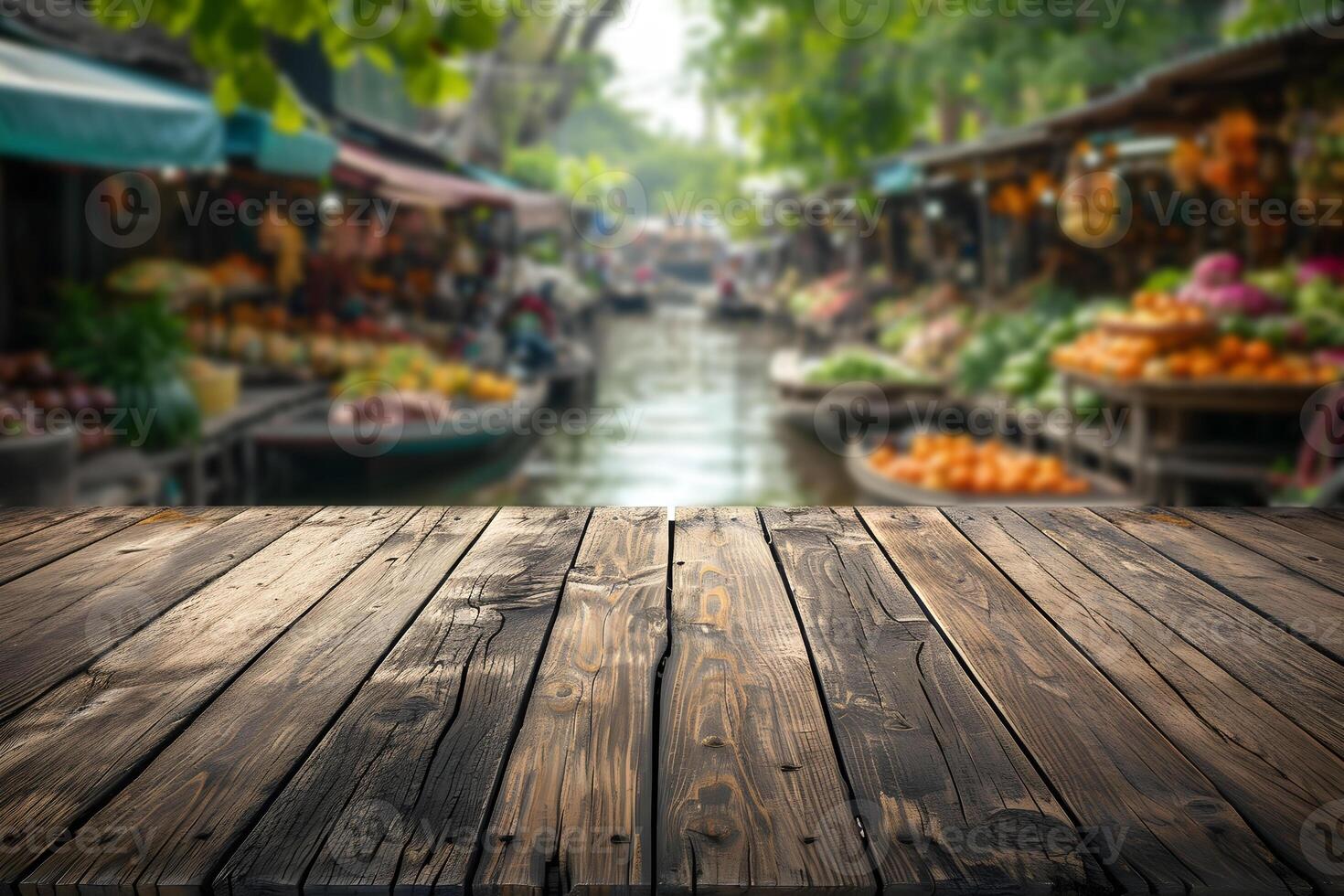 ai generado vacío de madera tablón piso con un borroso tradicional mercado foto