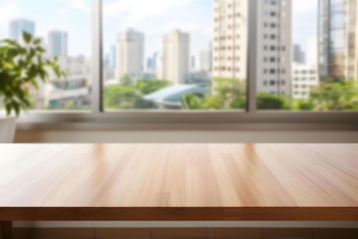 AI generated Cityscape Blur Background with Copy Space on Empty Table foreground photo
