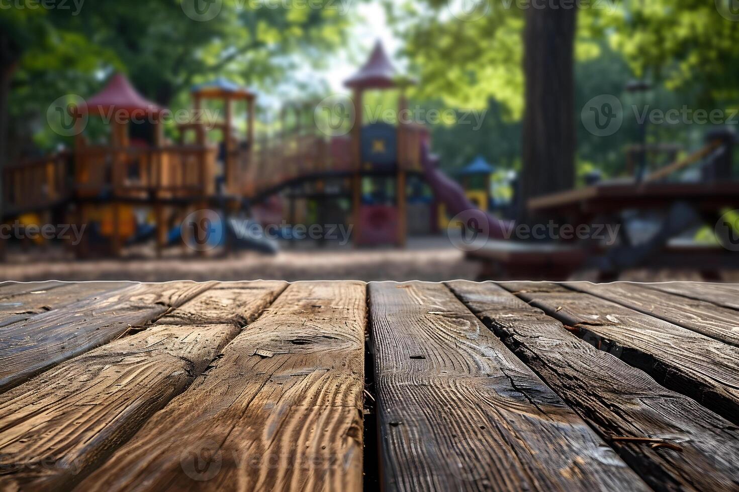 ai generado de madera mesa con niño patio de recreo difuminar fondo, público jugar zona foto