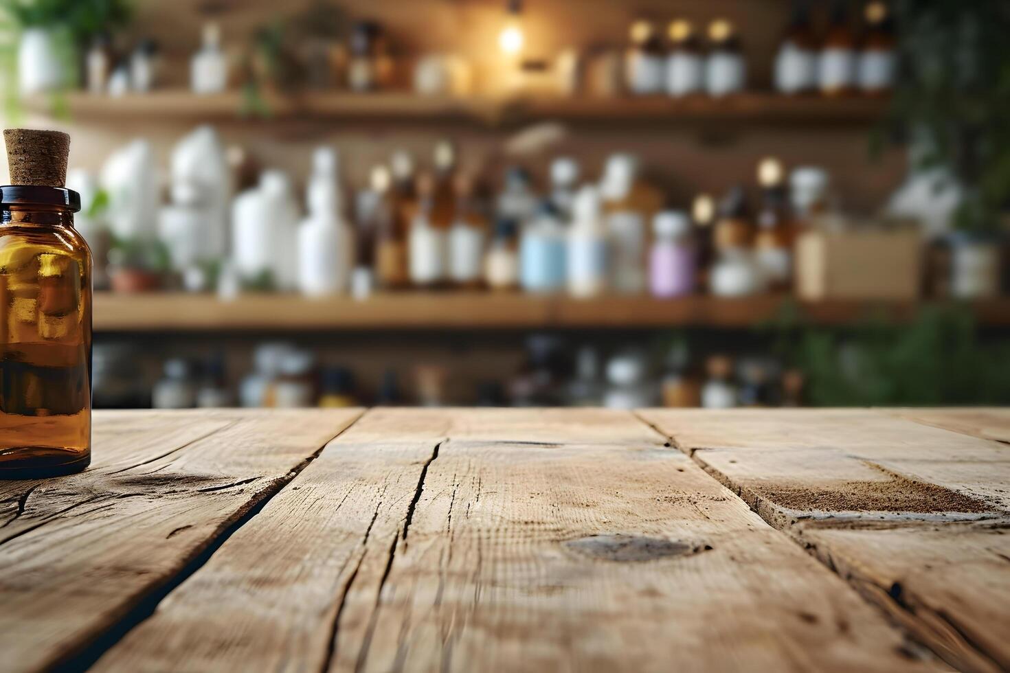 AI generated Empty Wooden Table with Pharmacy Setting in Background photo