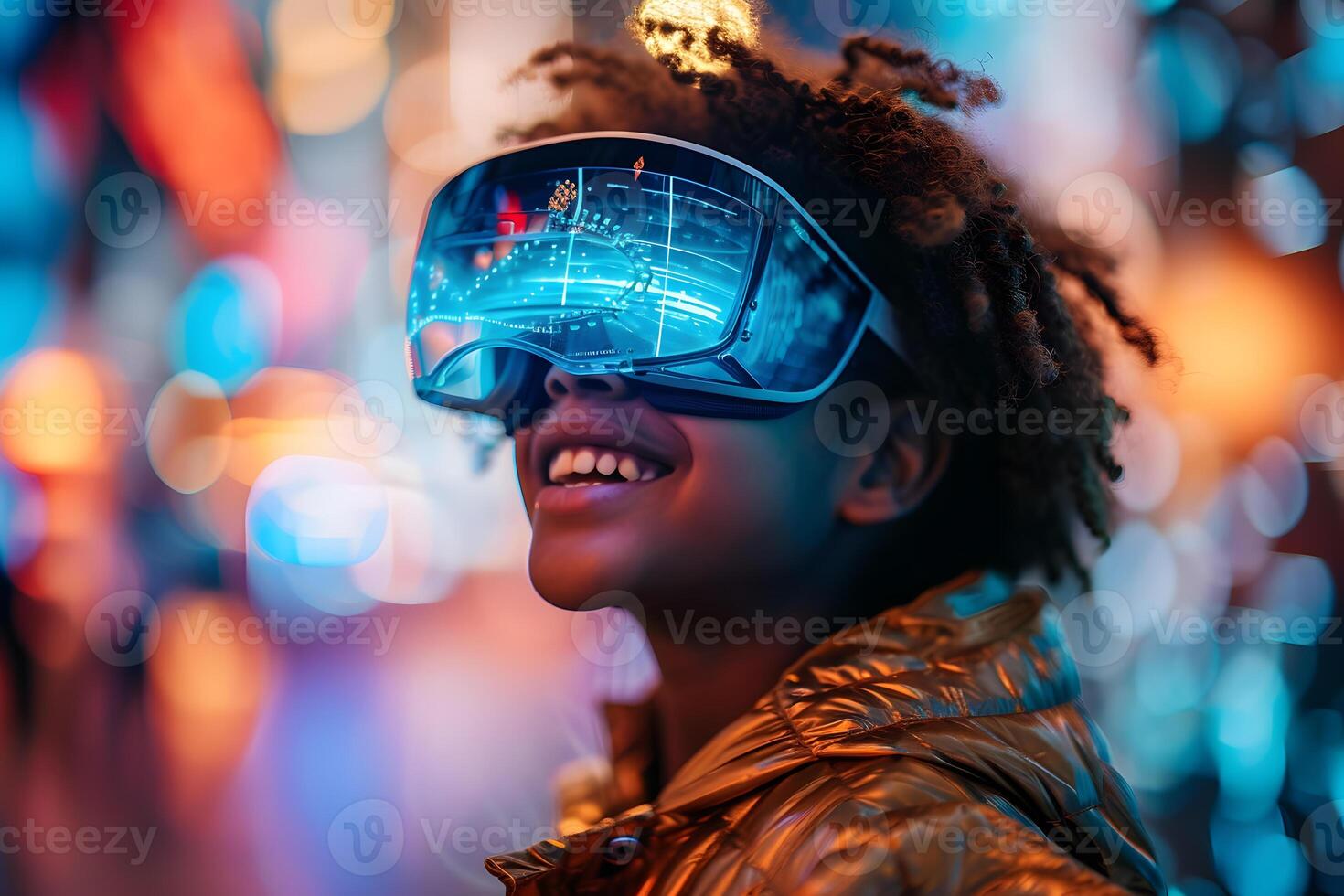 AI generated Boy Enjoys Futuristic VR Vision, Virtual Reality Exploration photo