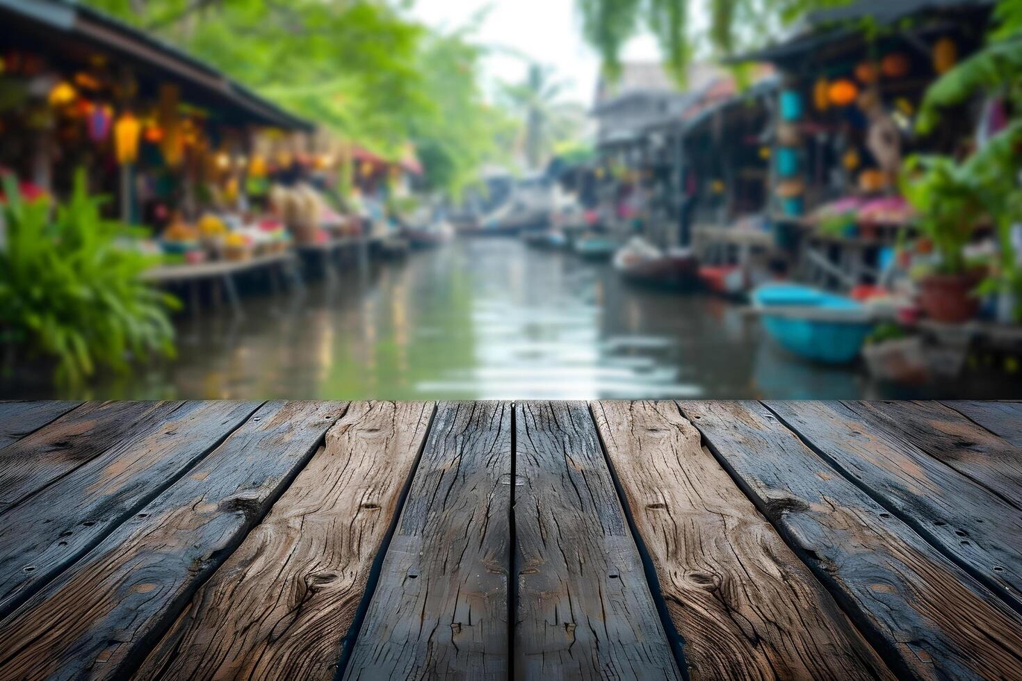 AI generated Wooden Plank Floor with Blurry Traditional Floating Market, Rustic Marketplace photo