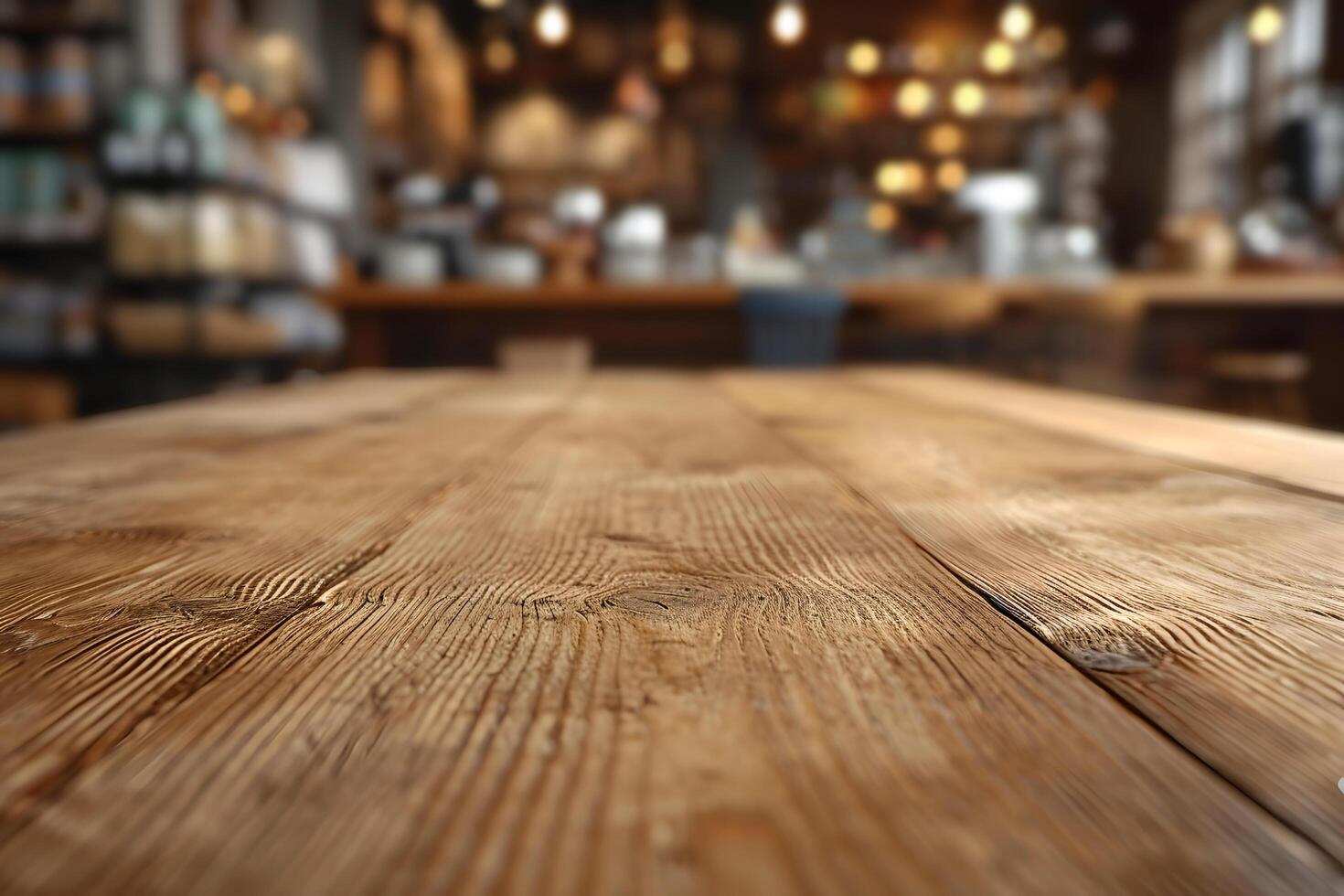 AI generated Wooden Table with Blurred Cafe Background, Cozy Coffee Corner photo