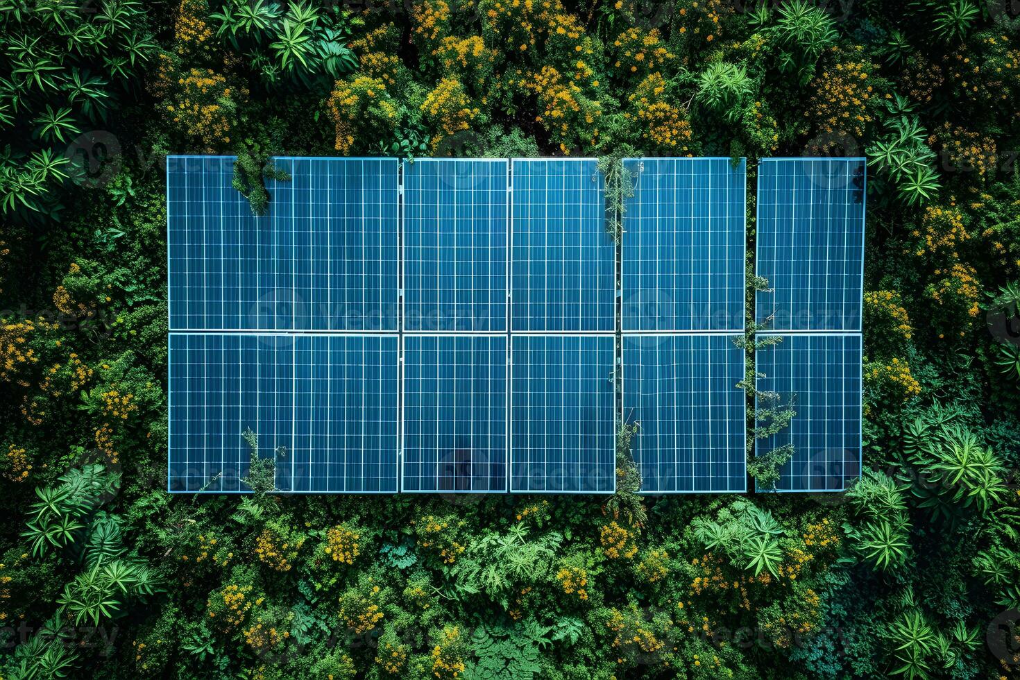 AI generated Solar Panel Array Amid Green Plants and Grass, Aerial View photo