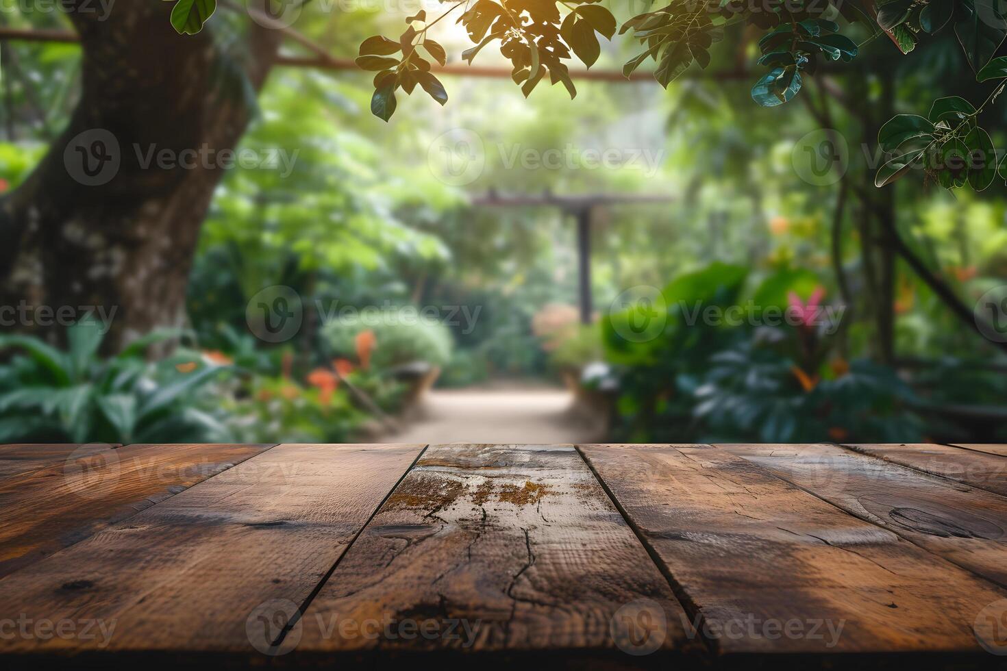 AI generated Rustic Table Setting in Zoo Atmosphere Blurred Background photo