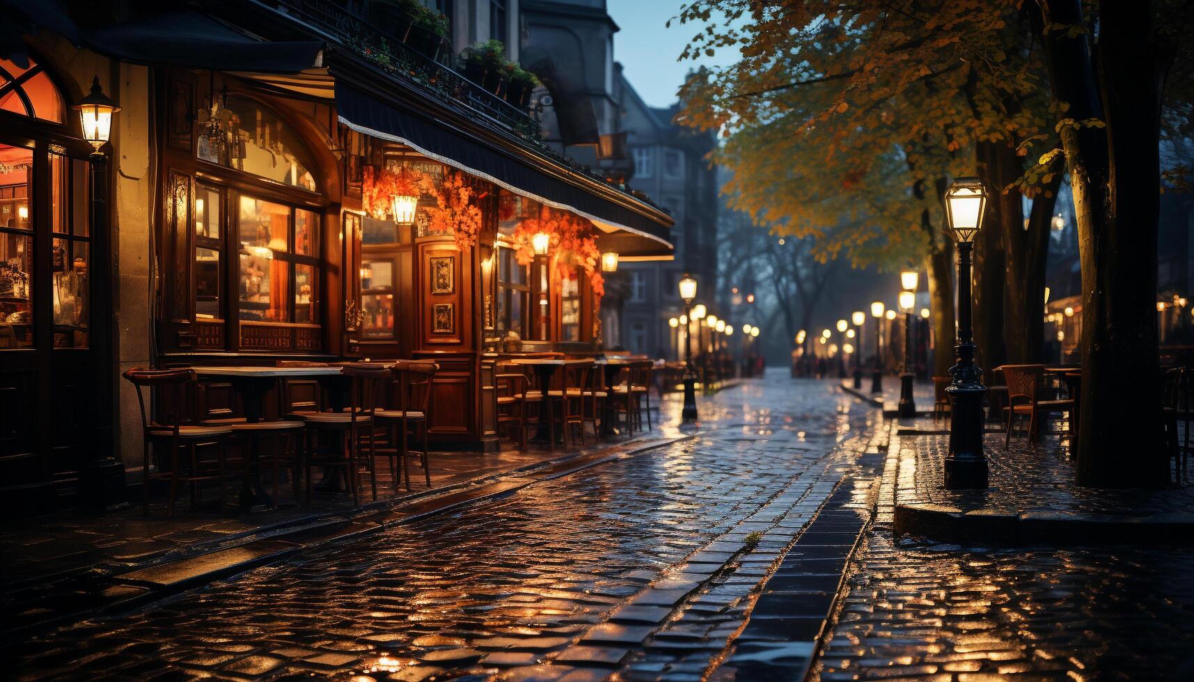 AI generated Illuminated city street, dusk, old building, wet cobblestone generated by AI photo