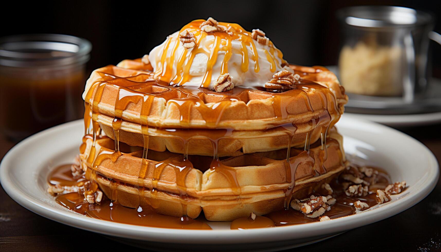 AI generated Stack of homemade pancakes with chocolate syrup generated by AI photo