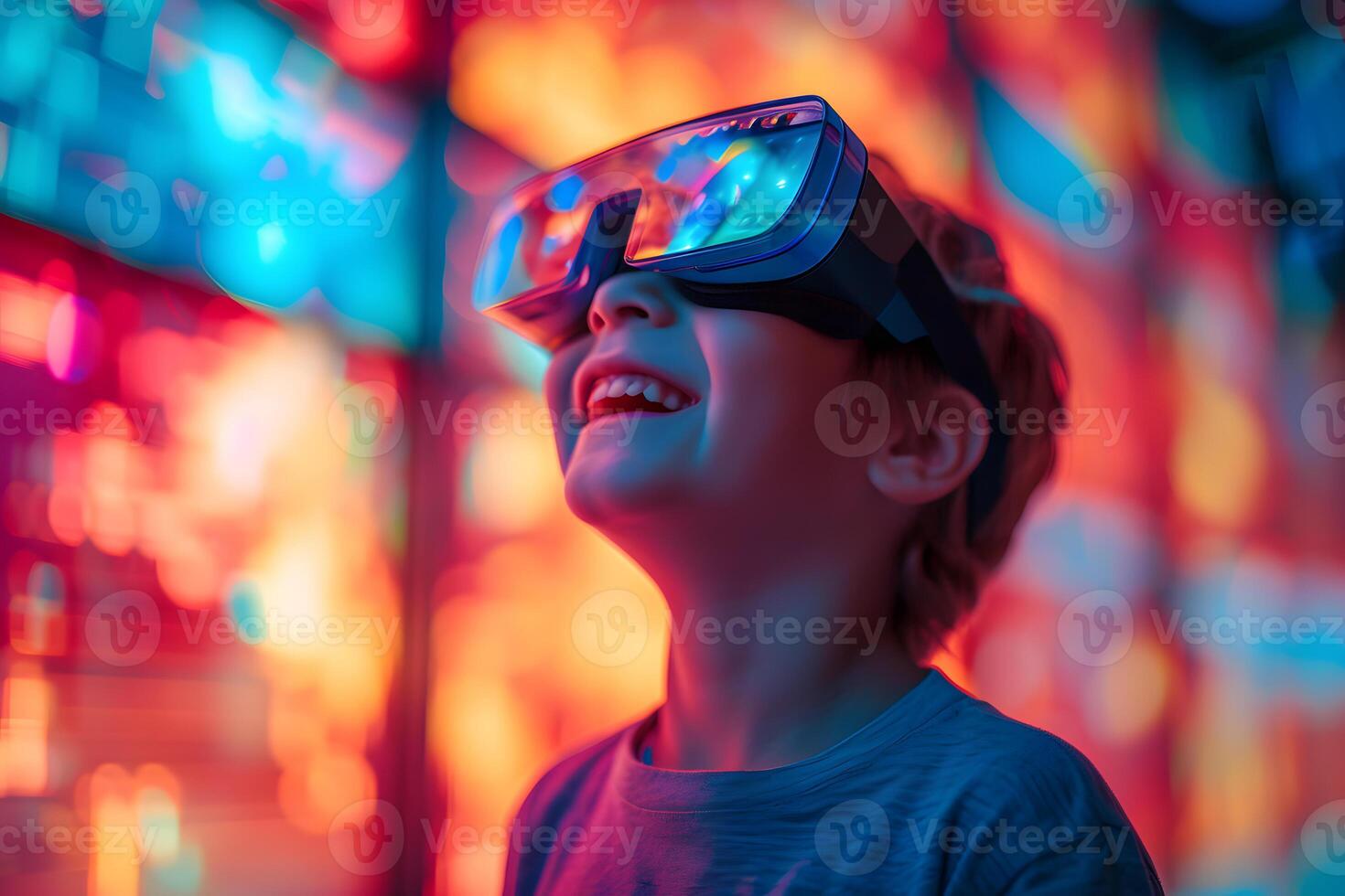 AI generated Boy Embracing Futuristic Reality with VR Glasses, Next Gen Vision photo