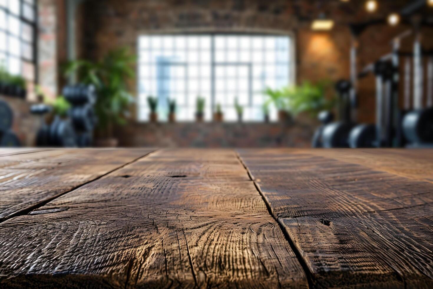 AI generated Blurry Gym Interior Behind Empty Wooden Surface Foreground photo