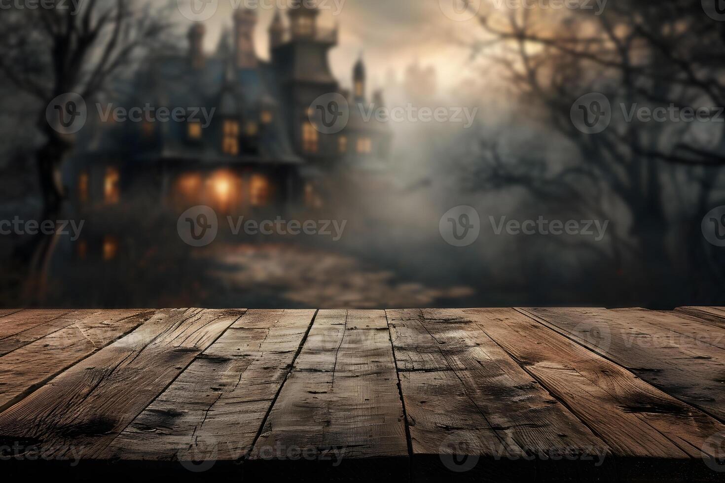 AI generated Empty Wooden Tabletop with Blurry Spooky Haunted Manor Background photo