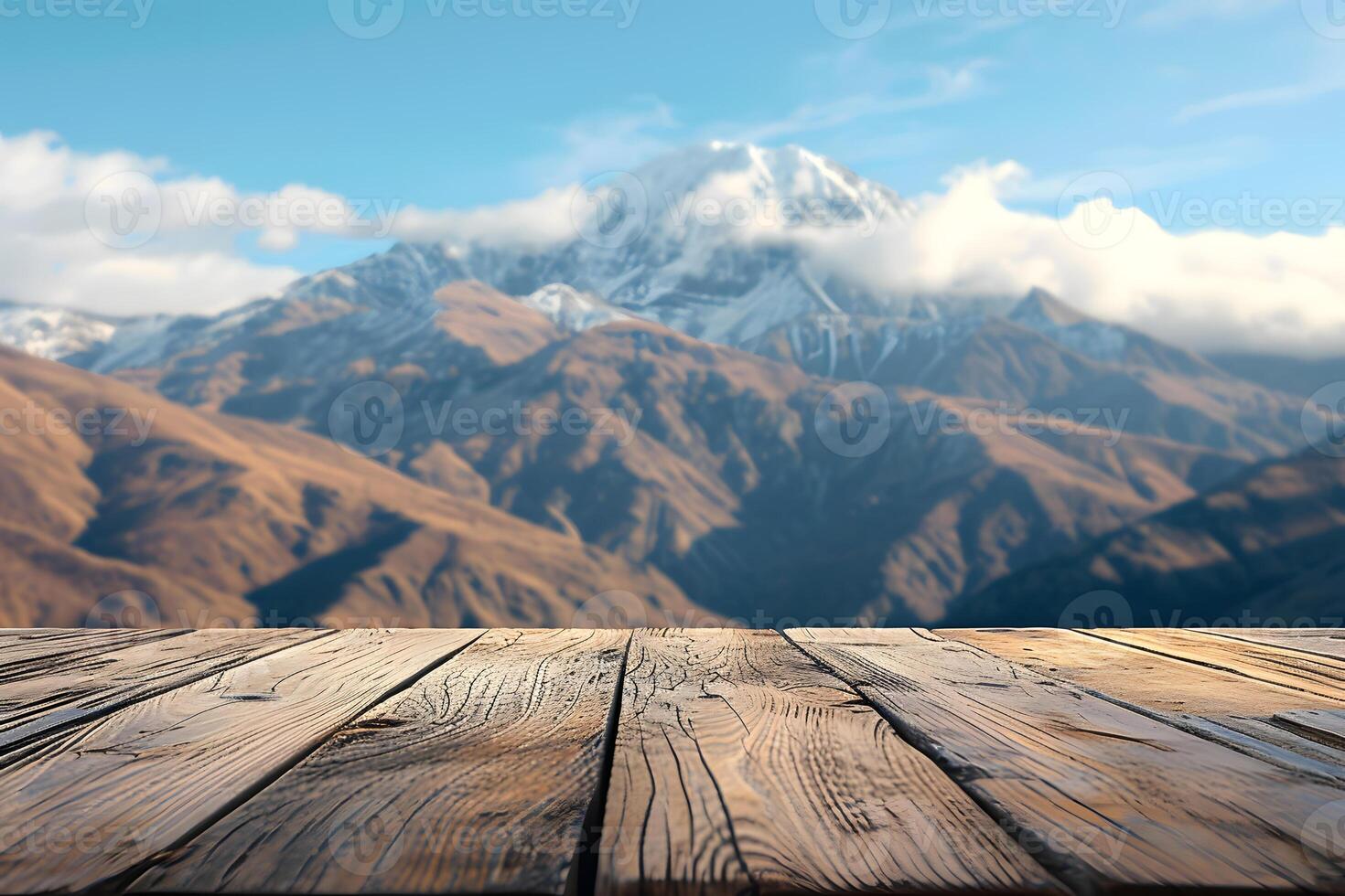 AI generated Empty Wooden Table with Blurred Beautiful Mountain Landscape Background photo