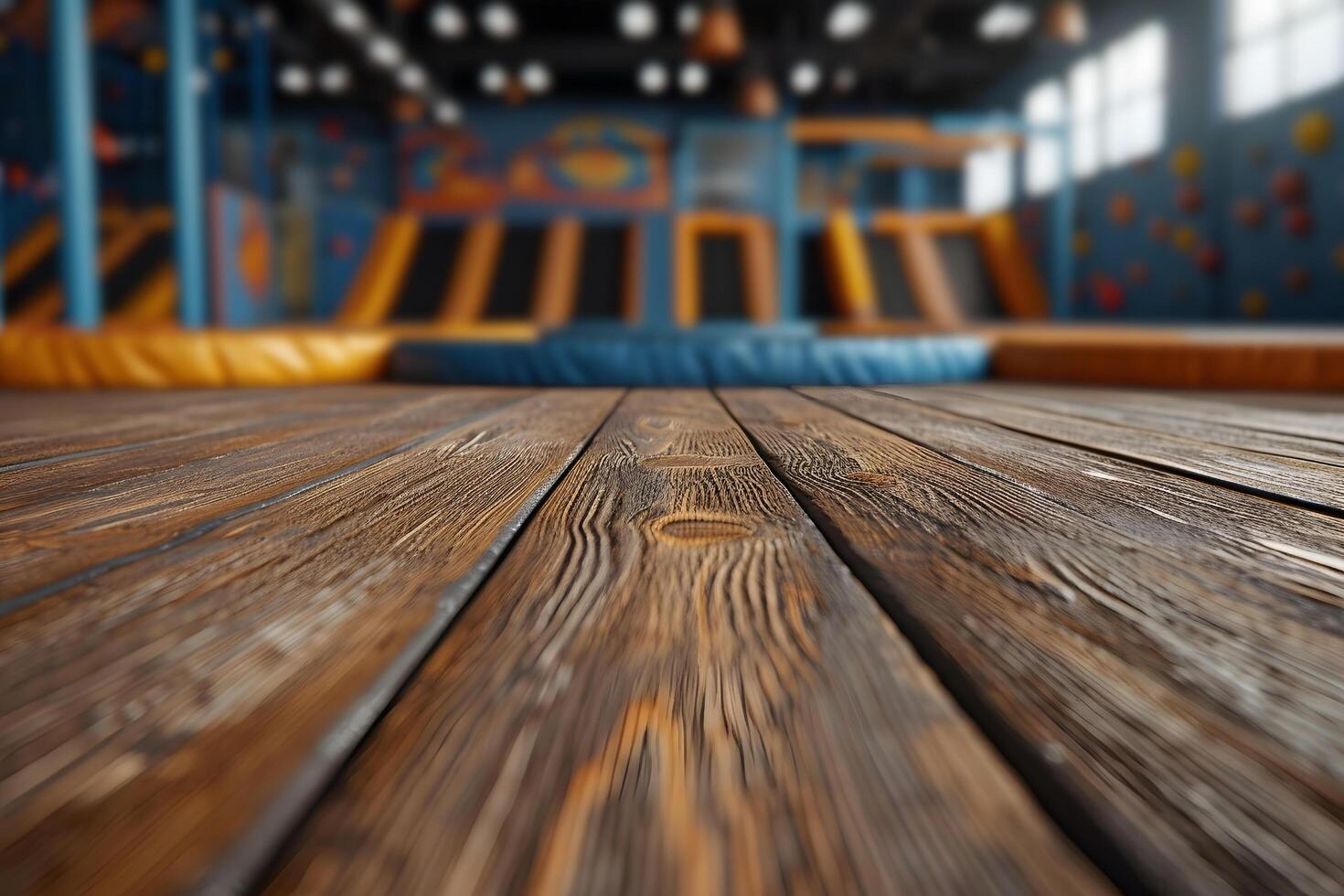 AI generated Wooden Table with Trampoline Park Scene Background photo