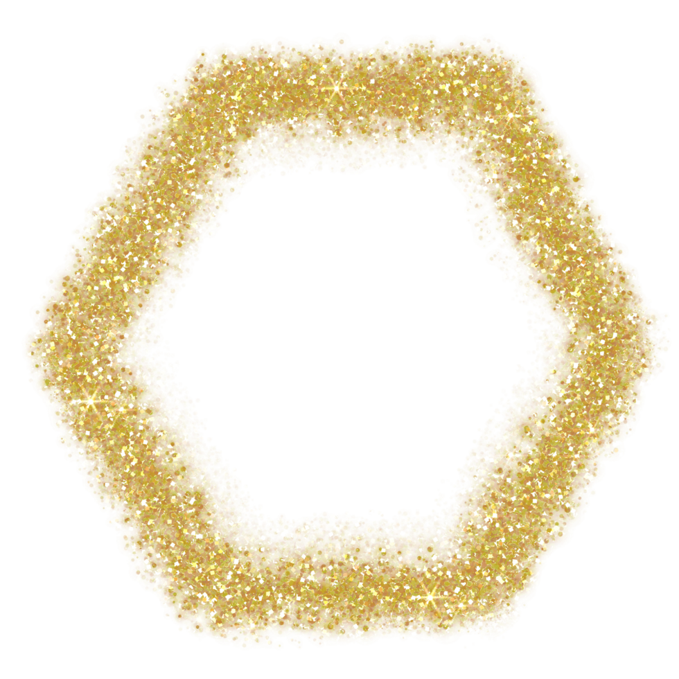 Gold glitter hexagon frame. Orange sparkle.Hexagon frame on transparent background png