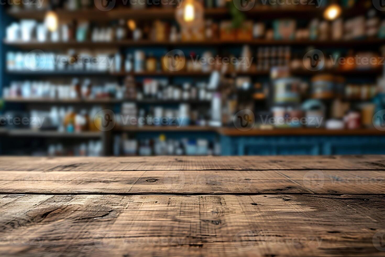 AI generated Wooden Tabletop Foreground with Pharmacy Scene background photo