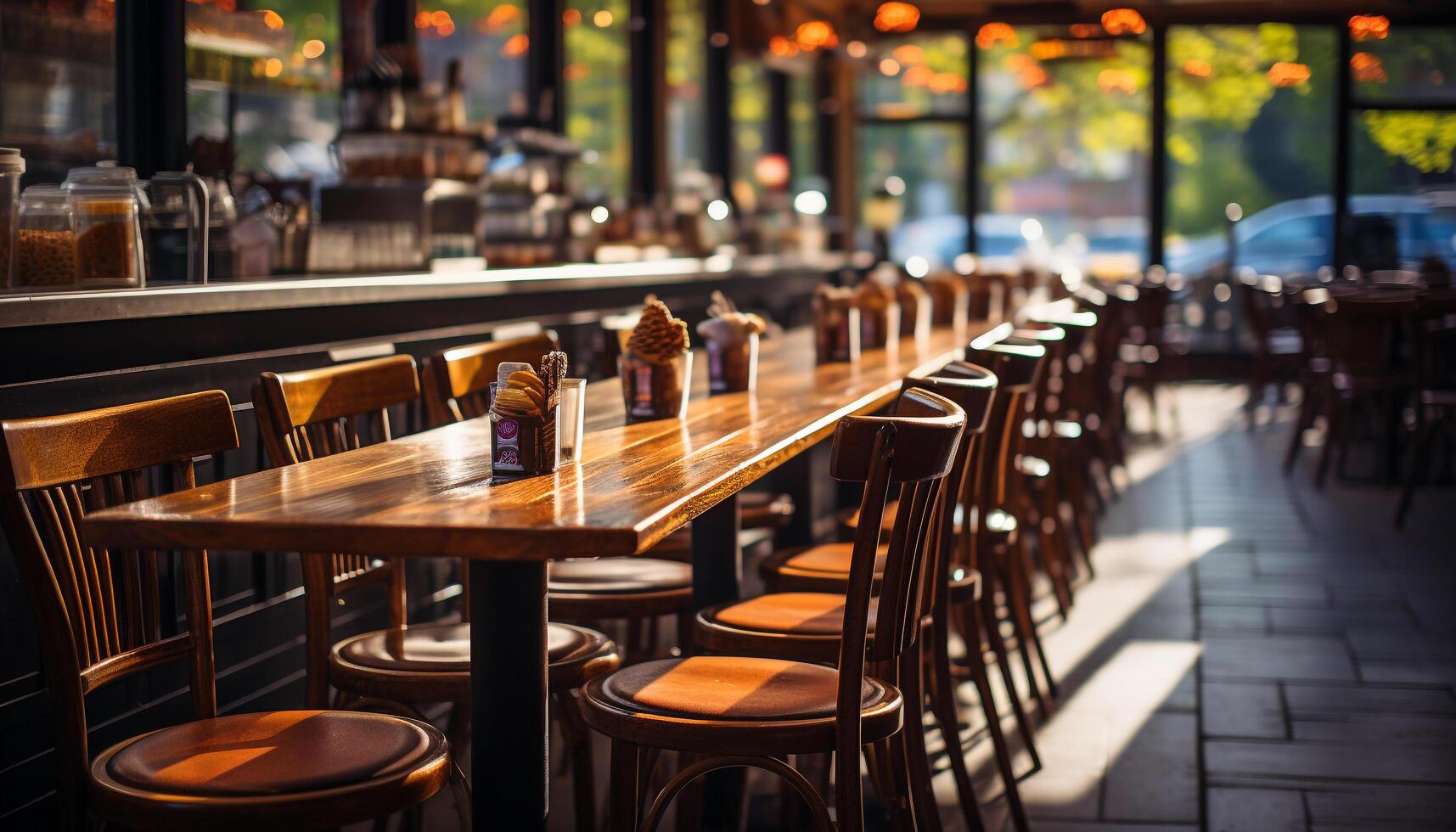 AI generated Wooden chairs line the modern coffee shop generated by AI photo