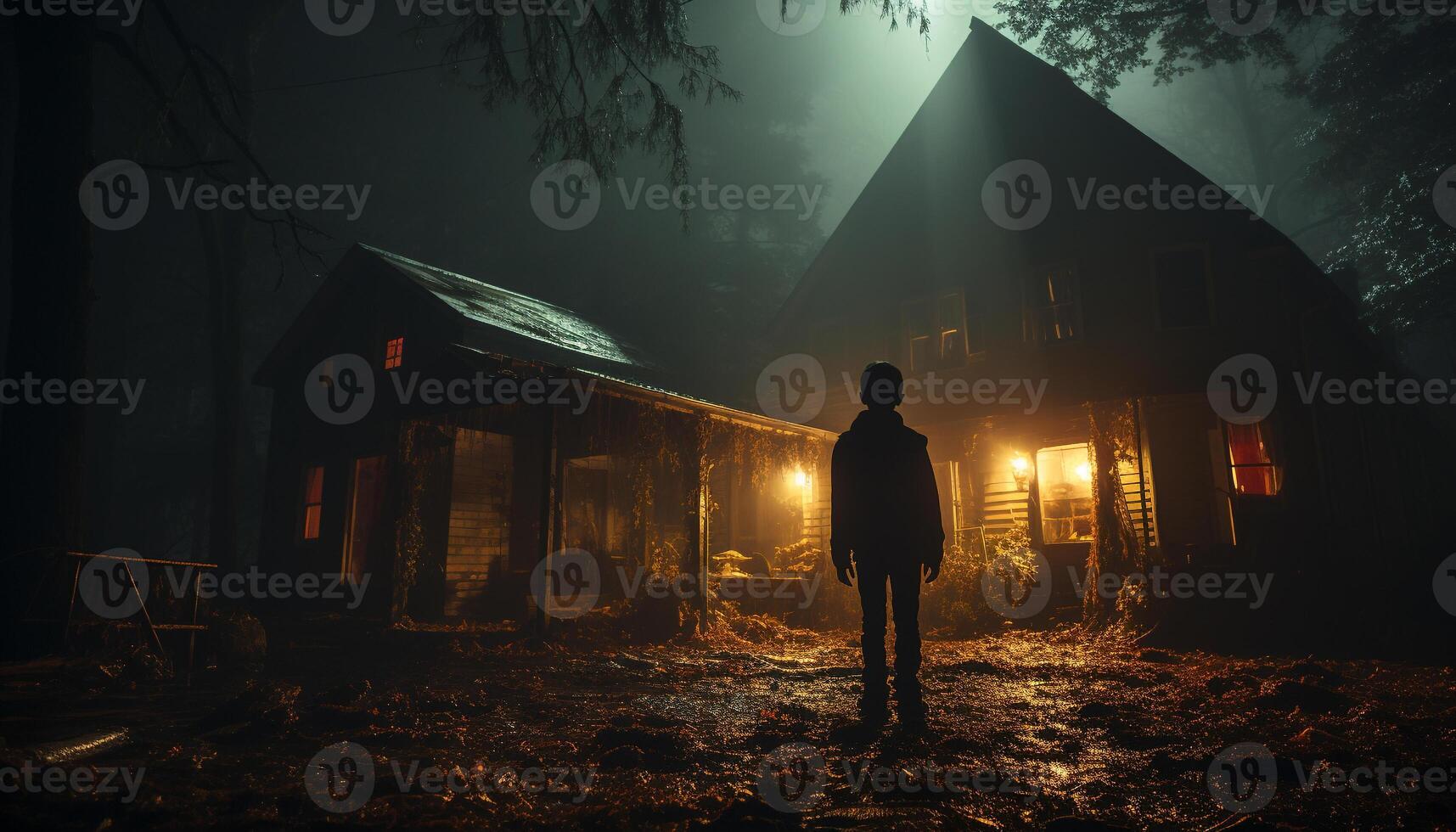 AI generated Spooky night, dark forest, abandoned building, ghostly silhouette generated by AI photo