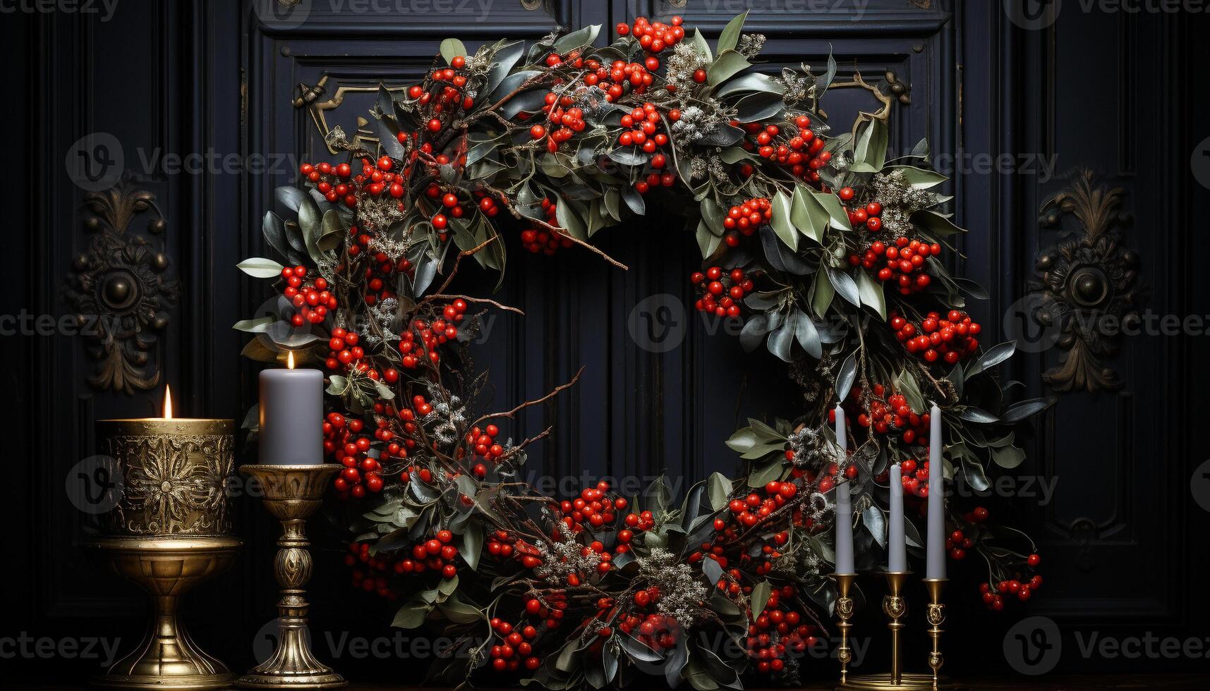 AI generated Winter celebration holly wreath, candle, ornament, gift generated by AI photo