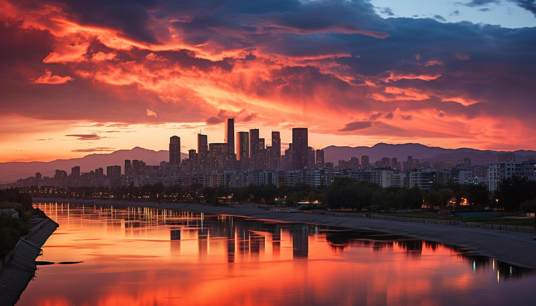 AI generated Silhouette of city skyline reflects on tranquil water generated by AI photo