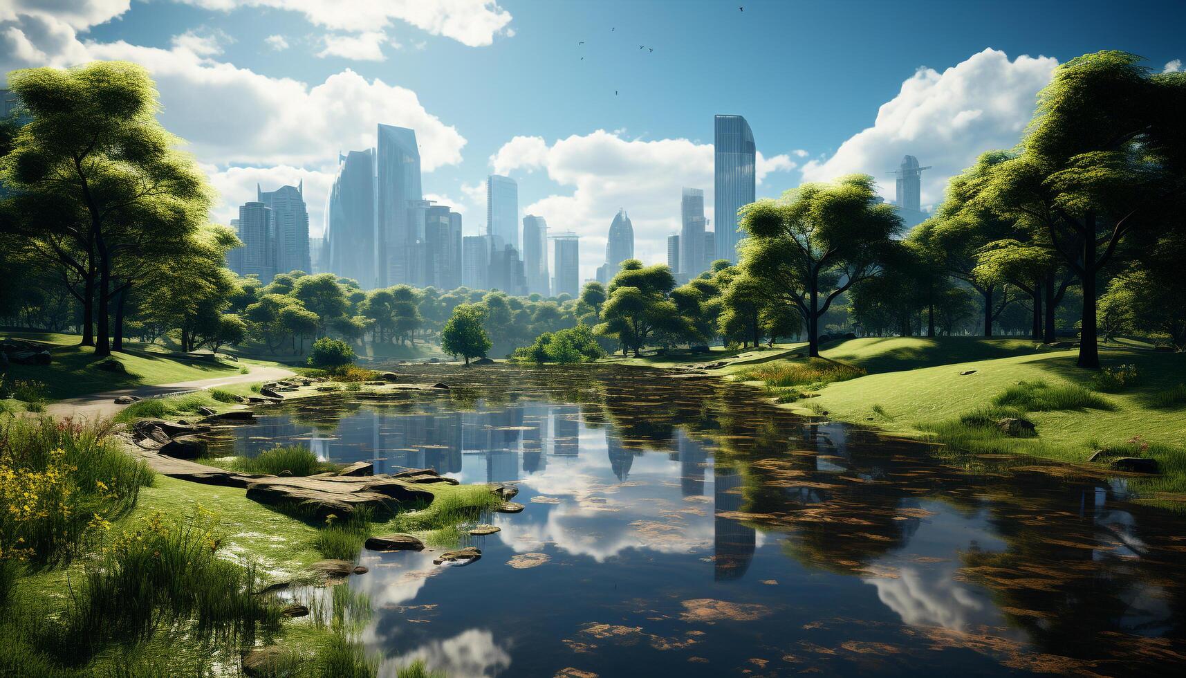 AI generated Skyscrapers reflect in tranquil water, urban skyline shines generated by AI photo