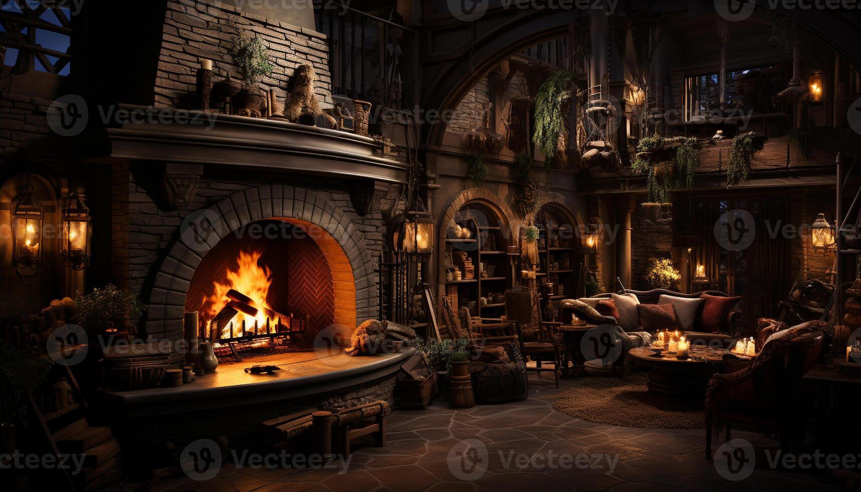 AI generated Comfortable candlelight illuminates the elegant, modern living room generated by AI photo
