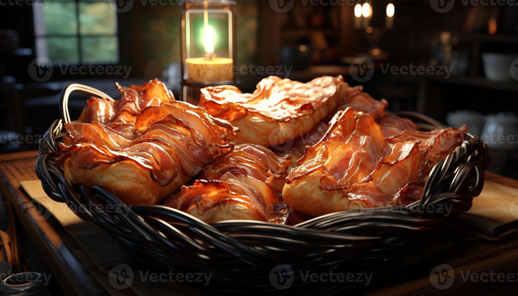 AI generated Grilled pork, gourmet meal, cooked indoors, celebration dessert generated by AI photo