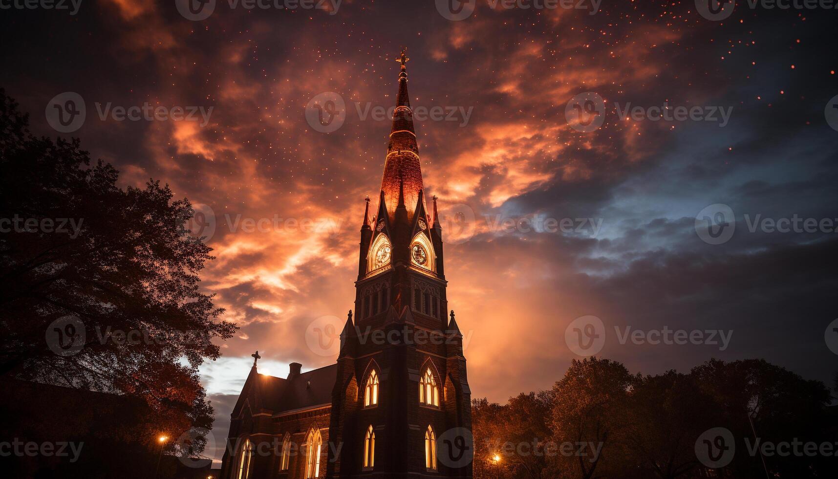 ai generado gótico catedral soportes alto, iluminado por puesta de sol generado por ai foto