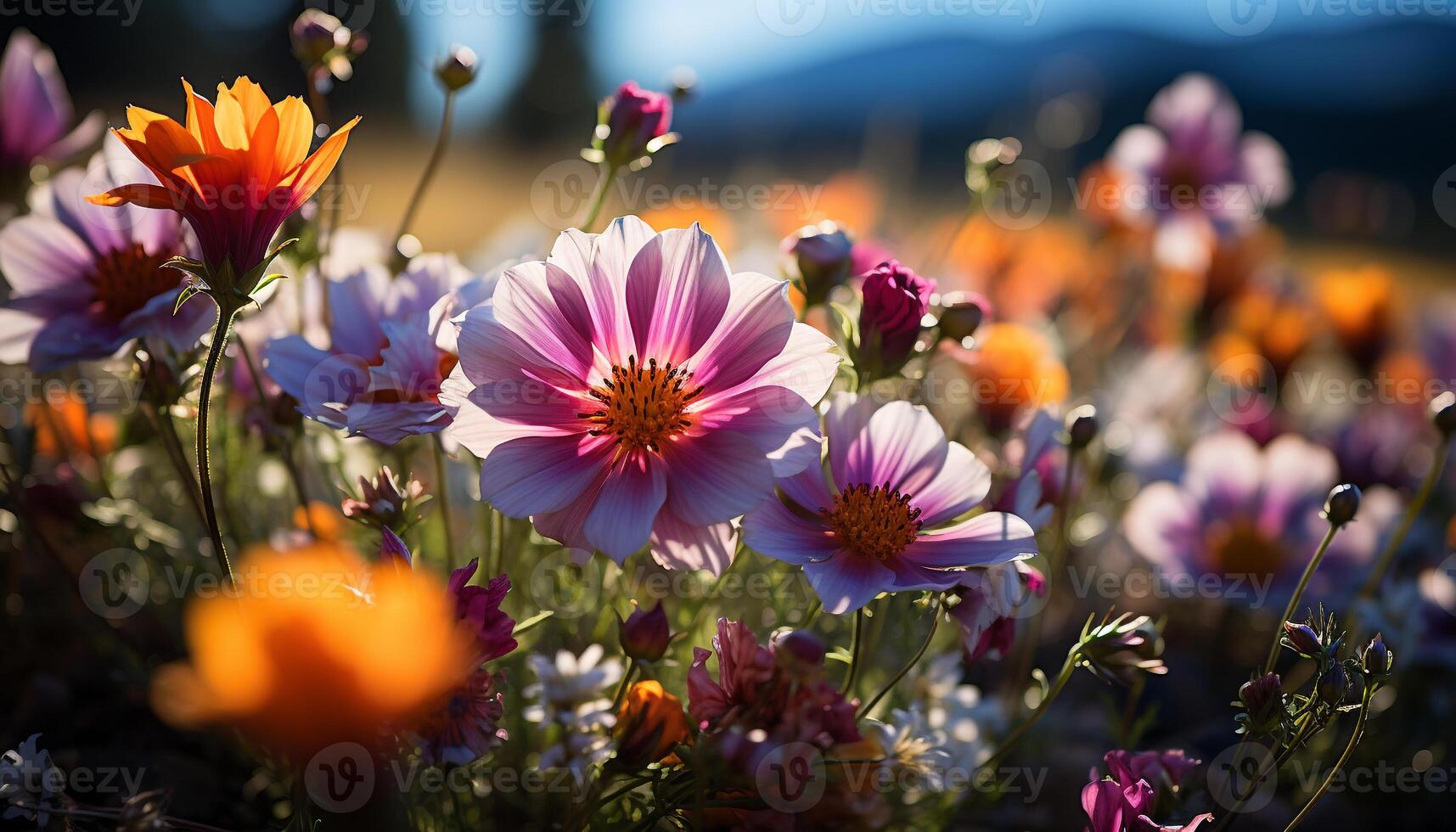 AI generated Vibrant colored flowers bloom in the summer meadow generated by AI photo