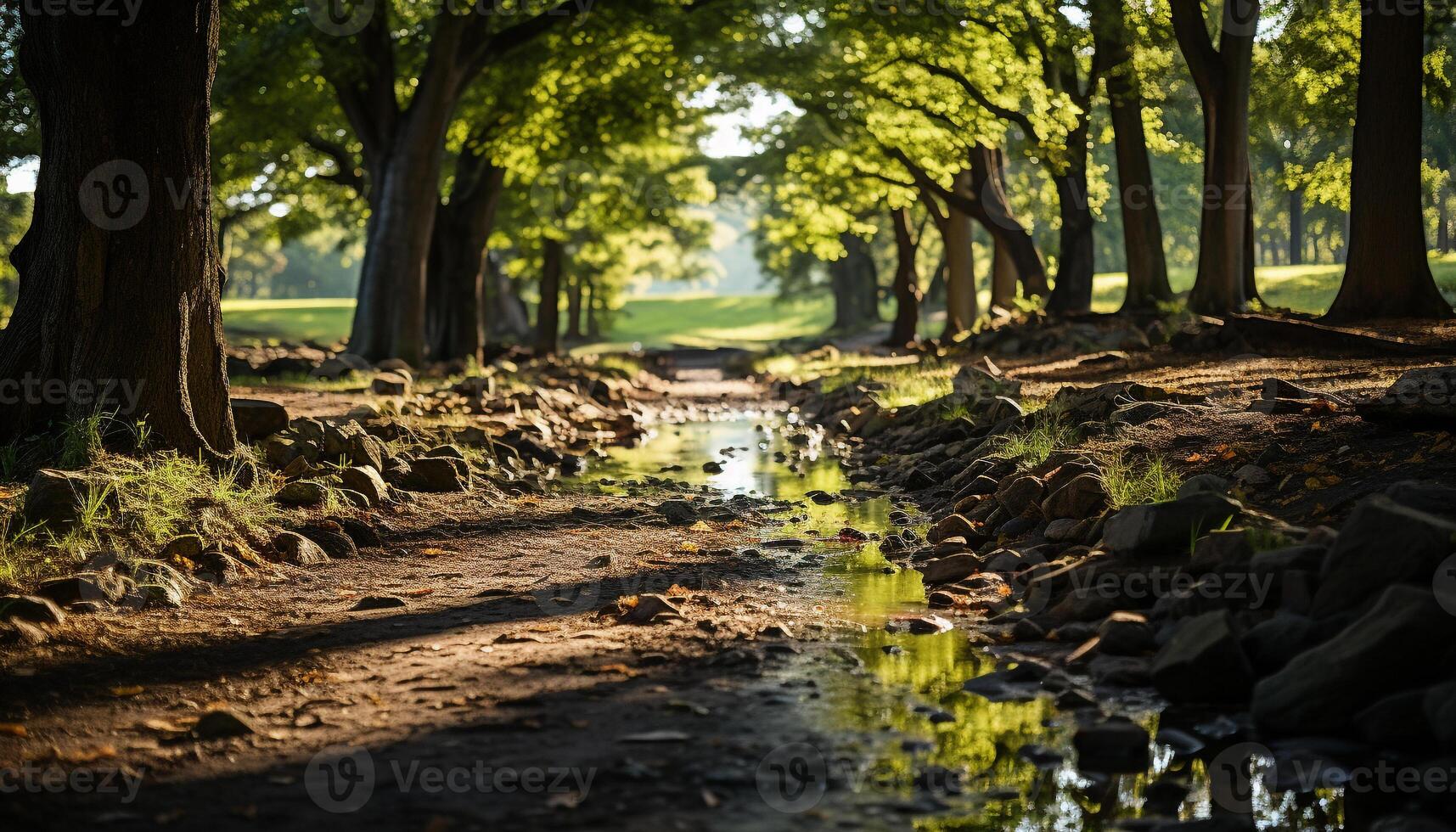 AI generated Tranquil scene of a green forest in autumn generated by AI photo